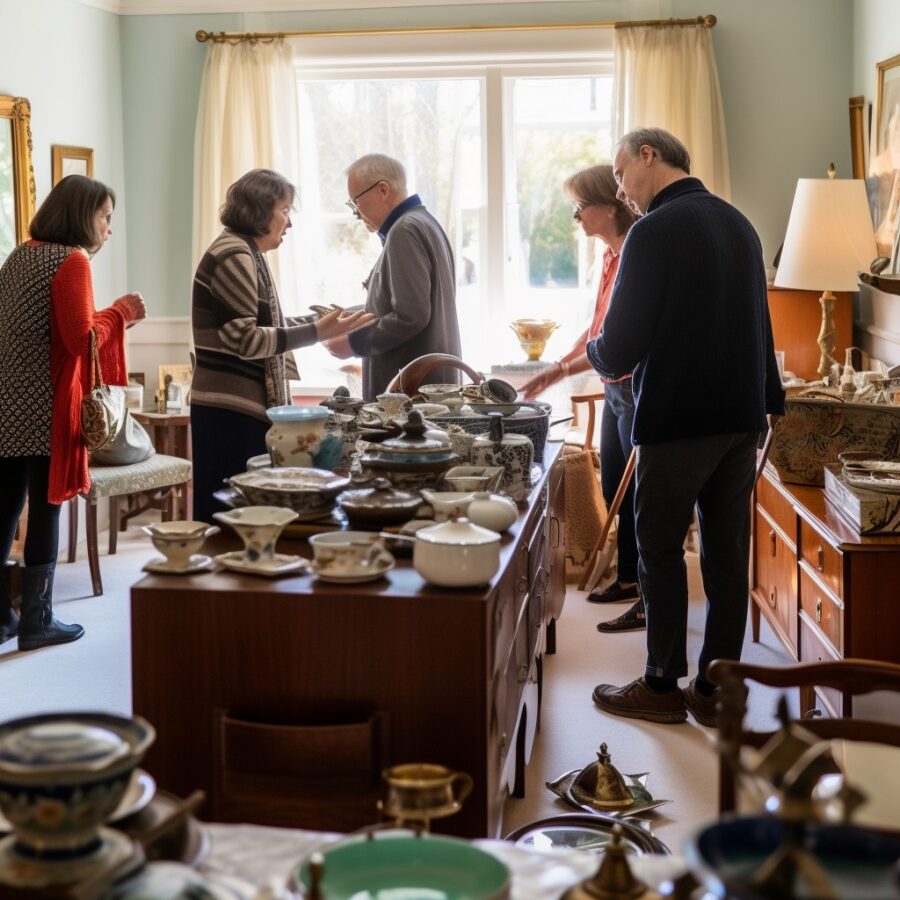 Estate sale with customers browsing antiques and collectibles