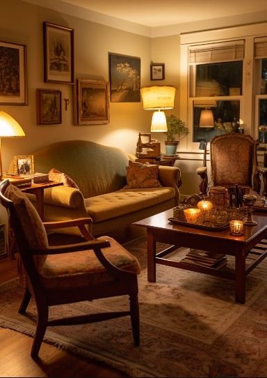 Elegant estate sale living room with antique furniture
